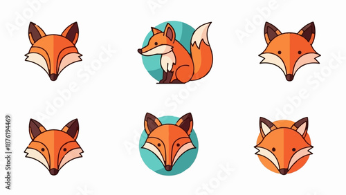Six stylized illustrations of orange foxes, some with circular backgrounds
