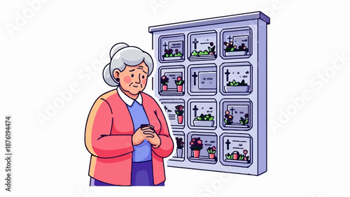 Sad elderly woman stands before a wall of burial niches, holding hands clasped