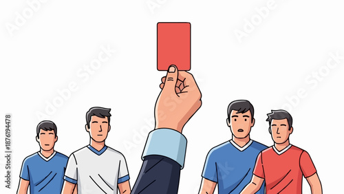 Referee showing red card to surprised soccer players
