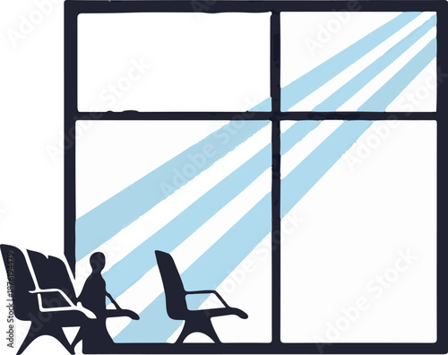 Silhouette of person sitting in waiting area by a large window with light beams