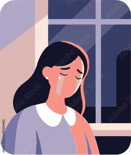 Sad person crying by a window at dusk, conveying loneliness