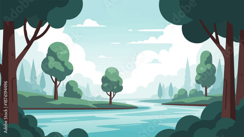 Serene river flows through lush green forest under a cloudy sky