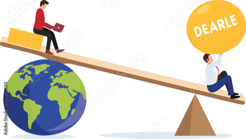 Demand vs supply balance, world economic supply chain problem, market pricing model for goods and service, cost or retail concept, businessman holding seesaw balance of demand and supply on the globe.