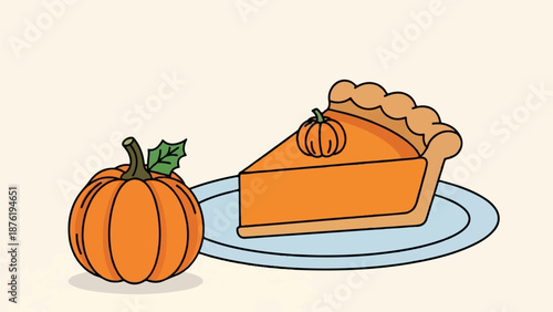 Slice of orange pie on a plate with a whole pumpkin beside it