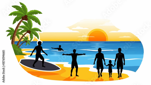 Silhouettes of people enjoying a tropical beach at sunset with palm trees and ocean waves