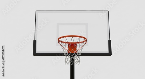 明るい光が均一に降り注ぐ純粋な白い背景に透明なバックボードと鮮やかなオレンジのバスケットボールのリングが美しく浮かび上がる. AI Generated