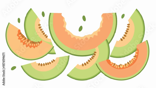 Sliced cantaloupe pieces scattered with small green dots