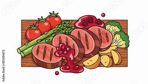 Sliced meat feast with roasted potatoes, asparagus, tomatoes, broccoli, and berry sauce