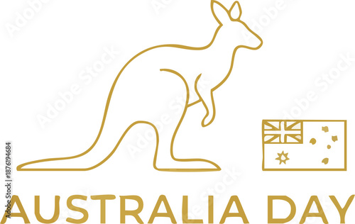 Outline illustration of a kangaroo next to the australian flag with the text australia day below, celebrating the national holiday