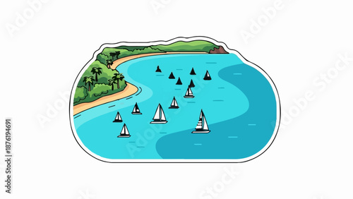 Sailboats on a turquoise bay with a sandy beach and lush green island
