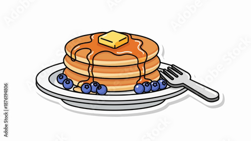 Stack of golden pancakes, dripping with syrup, topped with butter, blueberries, and a fork