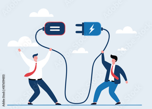 recharge energy or restore enthusiasm for work, refreshing from overwork or tiring activities, businessman connects electrical plug to power source to recharge low battery exhausted businessman worker