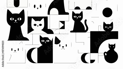 Stylized black and white cats with geometric shapes and lines