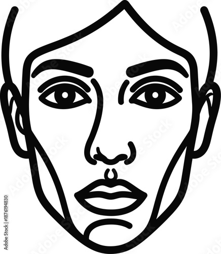 Stylized minimalist black and white line art portrait illustration depicting a serious expression with subtle facial features and a unique lip piercing detail