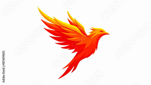 Stylized bird with fiery plumage in vibrant orange and yellow hues