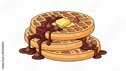 Stack of golden waffles with melting butter, chocolate syrup, and chips