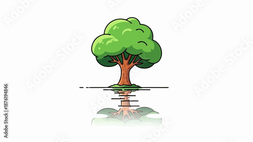 Stylized cartoon tree with prominent green canopy and visible root system