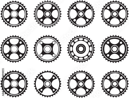 Vector set of ten bike chainring silhouettes (chainwheels, sprockets) isolated on a white background.