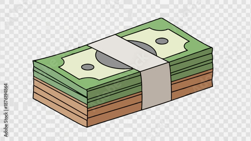 Stack of green and brown currency notes, banded together with a light grey strap