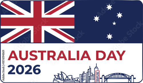 Australia day 2026 celebration graphic with national flag and sydney skyline outline