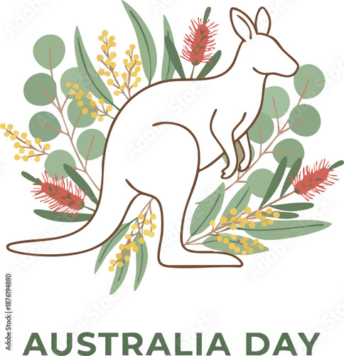 Outline of a kangaroo surrounded by australian native flora for australia day celebration