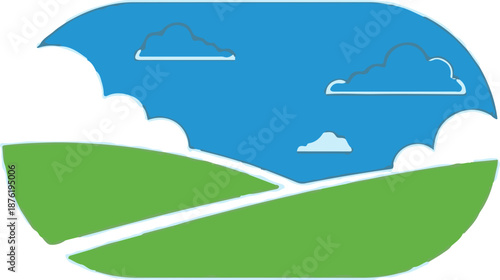 Stylized green hills under a blue sky with cartoonish clouds