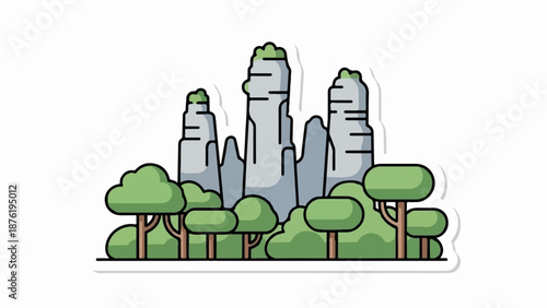 Stylized illustration of tall, grey rock formations surrounded by lush green trees and bushes