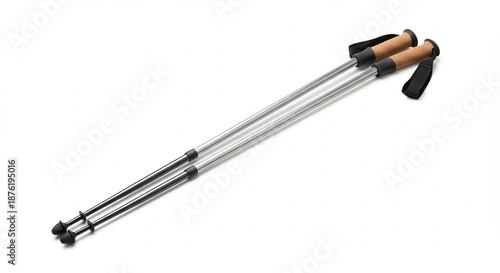 明るい白背景で輝く銀色のトレッキングポール2本 コルクグリップが快適な使い心地を伝える均一な光のスタジオ撮影. AI Generated