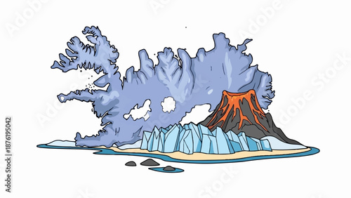 Stylized illustration of island geography with ice, volcano, and sea