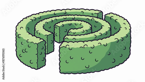 Stylized green hedge maze in a spiral pattern with a cutout entrance