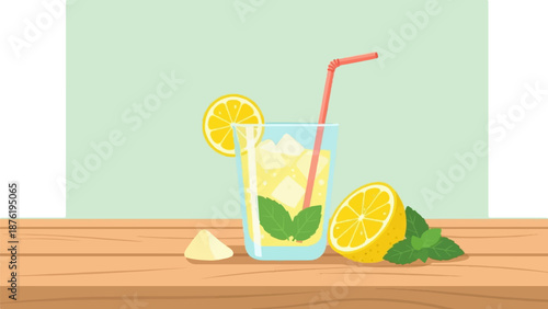 Refreshing lemonade with lemon slices, mint, and ice in a tall glass