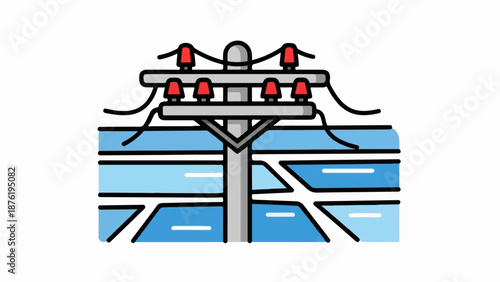 Stylized illustration of electrical power pole with wires over abstract blue background