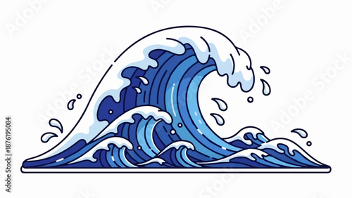 Stylized illustration of crashing blue waves with white foam against a white background