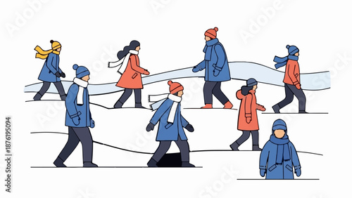 Stylized illustration of diverse individuals walking outdoors in winter attire on snowy terrain