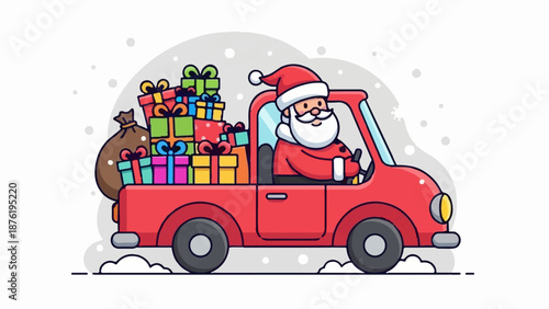 Santa drives a red truck filled with colorful Christmas presents through falling snow