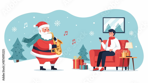 Santa plays saxophone for man on couch during winter snowfall