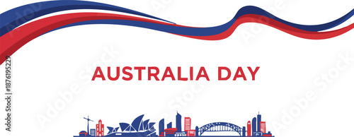 Australia day celebration greeting card banner with waving red and blue ribbon and sydney skyline silhouette