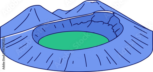 Stylized illustration of a volcanic crater with a green interior and blue mountain slopes