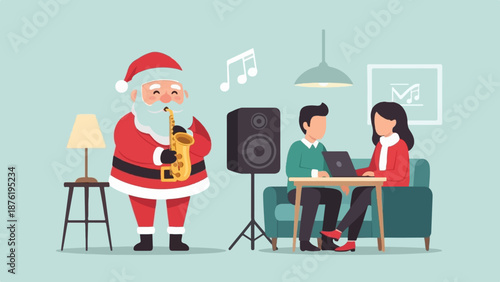 Santa plays saxophone with a couple working on a laptop in a cozy room