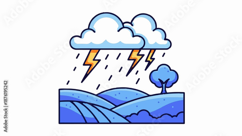 Stylized illustration of a thunderstorm over a rolling blue landscape with a single tree