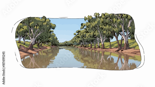 Stylized illustration of a tranquil river bordered by gum trees with reflections