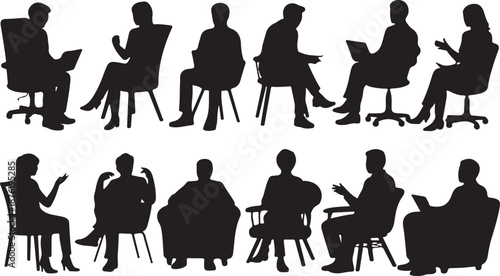 Vector set of detailed people sitting silhouettes isolated on white background