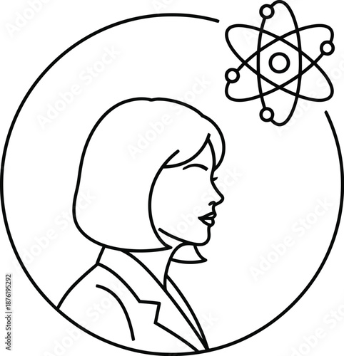 Simple line art icon depicting a determined female scientist or researcher contemplating atomic theory represented by a stylized Bohr model structure.