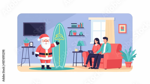 Santa shows a couple a surfboard in a living room