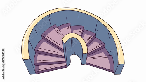 Stylized illustration of a purple spiral staircase with blue and yellow accents