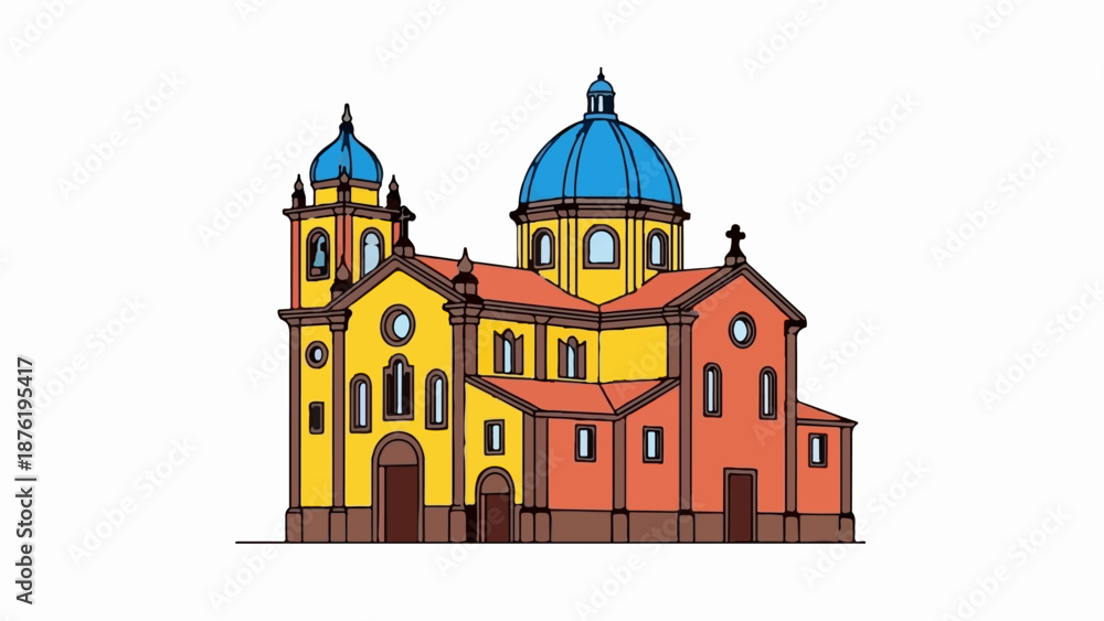 Obraz premium Stylized illustration of a grand church with multiple domes and towers
