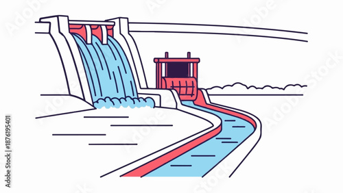 Stylized illustration of a hydroelectric dam with water flowing through a channel