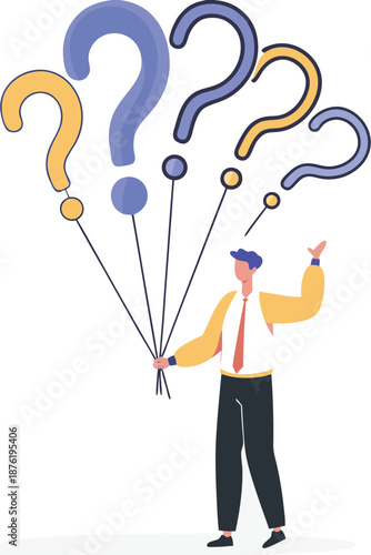 Question marks, finding solution or search for answer, solving problem or curiosity, questionnaire, FAQ or uncertainty concept, doubtful businessman holding question marks balloon look for solutions. 
