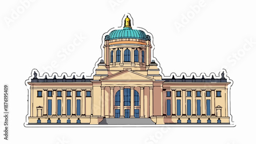 Stylized illustration of a grand building with a central dome and symmetrical wings