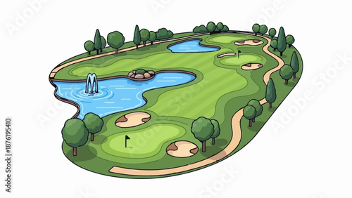 Scenic golf course illustration with water hazards and sand traps